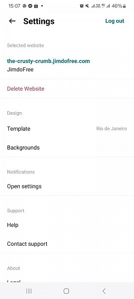 إعدادات تطبيق إنشاء موقع الويب Jimdo