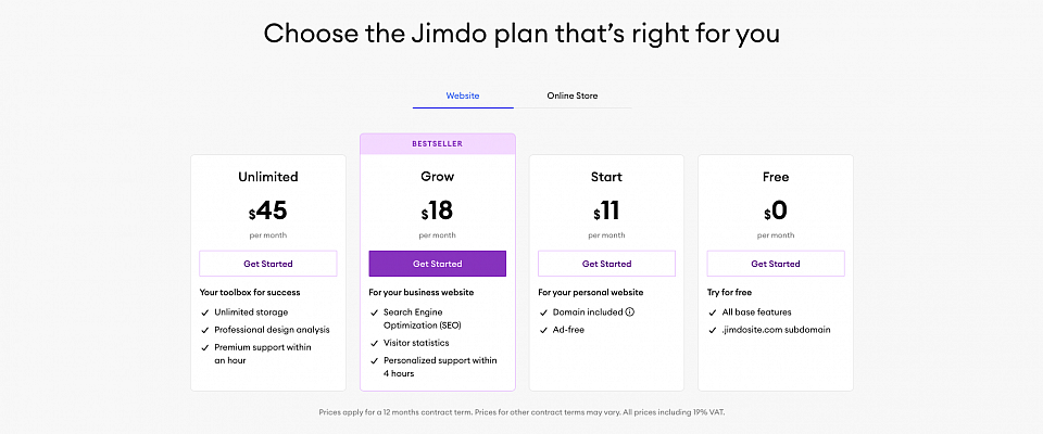 Planes de precios del creador de sitios web Jimdo