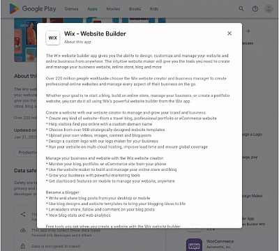 Descripción de la aplicación en Google Play para el creador de aplicaciones de sitios web Wix