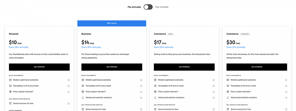 Planes de precios de Squarespace