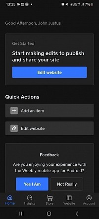 Écran d'accueil dans l'app de création de sites internet Weebly par Square