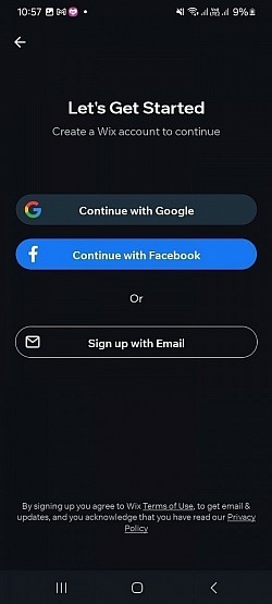 Écran de connexion dans l'app de création de sites Wix