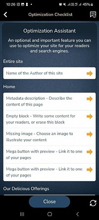 Assistant d'optimisation dans l'app de création de sites internet SimDif