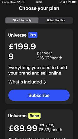 Liste des prix dans l'app Universe Website Builder