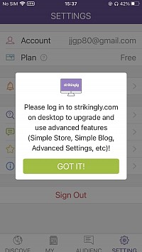 Popup demandant de se connecter sur un ordinateur pour la mise à niveau et l'accès aux fonctionnalités avancées