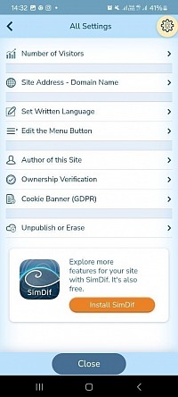 Menu des paramètres de l'app FreeSite, avec une publicité pour l'app SimDif