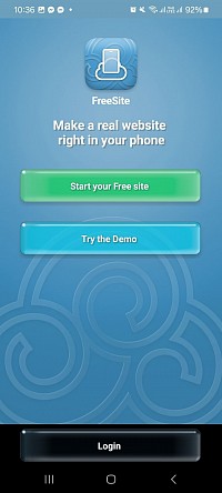 Écran d'accueil qui apparaît lorsqu'on exécute l'app FreeSite pour la première fois
