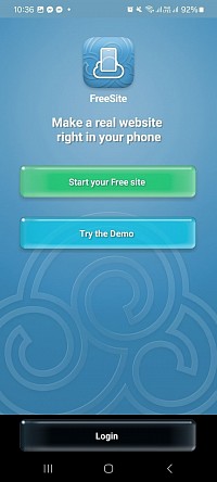 Écran d'accueil qui apparaît lorsqu'on exécute l'app FreeSite pour la première fois
