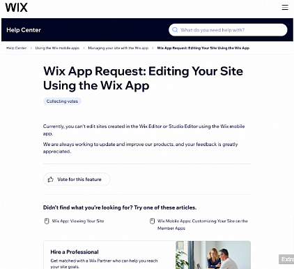 Wix समर्थन पृष्ठ ने स्वीकार किया है कि ऐप में साइट संपादन नहीं किया जा सकता