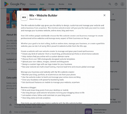 Wix वेबसाइट ऐप बिल्डर के लिए Google Play ऐप विवरण