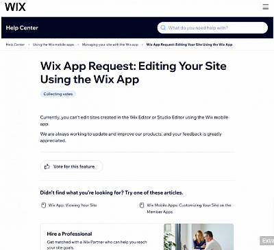 Wix support page admits no site editing in the app