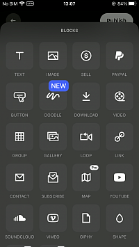 Selection of blocks to use to design your site inside Universe app