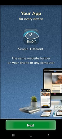SimDif Website Builder Spash Page After Download Of App
